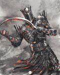  1boy armor breastplate covered_face dark_souls_i full_armor gauntlets greaves helmet highres holding holding_sword holding_weapon knight_lautrec_of_carim shimhaq solo souls_(series) sword waist_cape weapon 