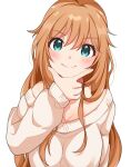  1girl blue_eyes blush brown_hair closed_mouth copyright_request hand_on_own_chin inuyama_nanami long_hair long_sleeves looking_at_viewer off-shoulder_sweater off_shoulder simple_background smile solo sweater white_background white_sweater 