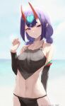  1girl absurdres bangs bare_shoulders beach black_fundoshi blue_sky blurry blurry_background blush breasts chinese_clothes collarbone detached_sleeves dudou eyeliner fate/grand_order fate_(series) forehead_jewel grin highres horns looking_at_viewer low_twintails makeup navel oni oni_horns pointy_ears purple_hair short_hair short_twintails shuten_douji_(fate) shuten_douji_(halloween_caster)_(fate) skin-covered_horns sky small_breasts smile solo taino_kou twintails violet_eyes 