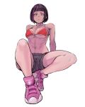  1girl 6maker abs alternate_costume alternate_hairstyle bangs bare_shoulders bikini bikini_top black_hair blunt_bangs breasts closed_mouth foreshortening han_juri highres knee_up looking_at_viewer medium_breasts multicolored_hair muscular muscular_female pink_footwear purple_hair red_bikini red_swimsuit shoes short_hair shorts simple_background sitting sneakers solo stomach streaked_hair street_fighter street_fighter_v swimsuit thighs violet_eyes white_background 