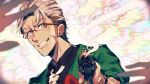  1boy arurandeisu asagiri0700 black_shirt facial_hair glasses goatee green_jacket grey_hair grin gun highres holding holding_gun holding_weapon holostars jacket necktie pointing pointing_at_viewer pointing_weapon shirt smile smoke smoking_gun solo upper_body virtual_youtuber weapon white_legwear 