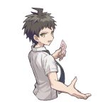  1boy :d ahoge bangs brown_eyes brown_hair card cropped_torso dangan_ronpa_(series) dangan_ronpa_2:_goodbye_despair from_side green_neckwear haizai hand_up hinata_hajime holding holding_card looking_at_viewer looking_to_the_side lower_teeth necktie open_mouth short_hair short_sleeves smile solo usami_(dangan_ronpa) 