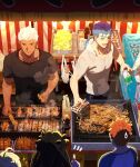  1girl 3boys ahoge archer_(fate) bag black_shirt blue_hair bottle can character_request closed_mouth cooking cu_chulainn_(fate)_(all) cu_chulainn_(fate/stay_night) dark_skin earrings emiya_shirou fate/grand_order fate_(series) food from_above hal_(haaaalhal) holding holding_can jewelry kebab light multiple_boys one_eye_closed open_mouth orange_hair pointing raglan_sleeves shirt short_sleeves skewer standing tagme tan tohsaka_rin two_side_up white_hair white_shirt 