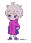  1boy ahoge bangs bede_(pokemon) chibi closed_mouth coat commentary_request curly_hair full_body grey_hair hand_in_pocket leggings male_focus omochi_kuenai pokemon pokemon_(game) pokemon_swsh popped_collar purple_coat shoes short_hair smile solo standing twitter_username violet_eyes white_legwear 