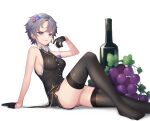  1girl arm_support black_legwear black_shorts black_vest bottle breasts cocktail_glass cup drinking_glass earrings flower food from_side fruit gloves grapes grey_hair hair_flower hair_ornament half_gloves highres holding jewelry looking_at_viewer looking_to_the_side lordol medium_breasts micro_shorts minigirl no_shoes original parted_lips pink_flower purple_flower shirt short_hair shorts sideboob simple_background sleeveless sleeveless_shirt smile solo thigh-highs vest white_background white_shirt wine_bottle 