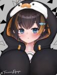  1girl animal_hood artist_name bangs black_hoodie blonde_hair blue_eyes blush brown_hair eyebrows_visible_through_hair finana_ryugu_(artist) fish_hair_ornament grey_background hair_ornament hood hoodie looking_at_viewer multicolored_hair nijisanji nijisanji_en penguin_hood petra_gurin portrait pout solo streaked_hair virtual_youtuber 