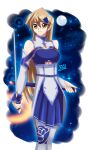  1girl armor blonde_hair blue_rose blue_skirt breastplate deviantart_username happy long_hair moon night rose sincity2100 smile starry_sky sword tenjouin_asuka yellow_eyes yu-gi-oh! yuu-gi-ou yuu-gi-ou_gx 