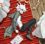  1boy :d arms_behind_back artist_name bangs belt black_pants blush bound brown_belt chain chained cuffs dangan_ronpa_(series) dangan_ronpa_2:_goodbye_despair food from_above from_side green_jacket handcuffs jacket komaeda_nagito lying male_focus male_underwear on_side open_mouth pale_skin pants plaid print_shirt shirt shoes smile solo stomach toast underwear upper_teeth white_hair white_shirt yandr4hope 