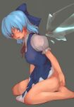  1girl barefoot blue_dress blue_eyes blue_hair bow cirno crying dress grey_background hair_bow highres ice ice_wings medium_hair no_panties open_mouth puffy_short_sleeves puffy_sleeves short_sleeves sitting solo streaming_tears tears touhou w_lotusphage wariza wings 