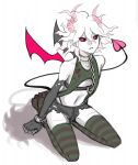  1boy bangs black_gloves black_sclera chain collar collarbone colored_sclera dangan_ronpa_(series) dangan_ronpa_2:_goodbye_despair demon_boy demon_horns demon_tail demon_wings elbow_gloves english_commentary fangs gloves grey_background hair_between_eyes highres horns komaeda_nagito looking_at_viewer male_focus medium_hair metal_collar navel no_shoes open_mouth otoko_no_ko pale_skin red_eyes restrained shirt simple_background smile solo stomach striped striped_legwear tail thigh-highs wings yandr4hope 