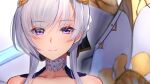  1girl azur_lane bare_shoulders belfast_(azur_lane) braid braided_bun closed_mouth commentary english_commentary eyebrows_visible_through_hair looking_at_viewer lordol portrait purple_hair smile solo violet_eyes 