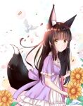  1girl alternate_costume animal_ears azur_lane bag bangs bird black_hair blunt_bangs casual collarbone commentary_request contemporary dove eyebrows_visible_through_hair eyes_visible_through_hair flower fox_ears fox_girl fox_tail from_side handbag long_hair looking_at_viewer looking_to_the_side m_ko_(maxft2) nagato_(azur_lane) parted_lips petals short_sleeves sidelocks sunflower tail yellow_eyes 
