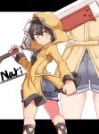  1girl ass black_hair blush breasts cougar_(cougar1404) hair_between_eyes holding holding_sword holding_weapon hood hooded_jacket jacket nari_(cougar1404) original overalls short_hair solo standing sword weapon yellow_eyes 