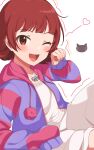  1girl :3 :d bangs blunt_bangs blush dress heart highres idolmaster idolmaster_million_live! idolmaster_million_live!_theater_days inuyama_nanami jacket jewelry looking_at_viewer medium_hair necklace nonohara_akane one_eye_closed open_clothes open_jacket open_mouth paw_pose purple_jacket red_eyes redhead smile solo white_dress 