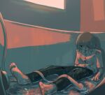  1boy absurdres avogado6 barefoot bathtub black_eyes black_pants blood collared_shirt commentary_request grey_hair highres jitome male_focus nosebleed original pants shirt short_hair shower_head sitting solo wet wet_clothes white_shirt wing_collar 