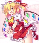 1girl aka_tawashi arm_up bangs blonde_hair blush bow breasts collar crystal eyebrows_visible_through_hair eyes_visible_through_hair flandre_scarlet floral_background flower frills hair_between_eyes hand_up hat hat_bow highres holding jumping looking_at_viewer medium_breasts mob_cap multicolored multicolored_wings one_eye_closed open_mouth panties pink_background pink_flower ponytail puffy_short_sleeves puffy_sleeves red_bow red_eyes red_footwear red_skirt red_vest shoes short_hair short_sleeves skirt smile socks solo touhou underwear vest white_background white_bow white_collar white_flower white_headwear white_legwear white_panties white_sleeves wings wrist_cuffs yellow_neckwear 