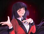  1girl bangs black_background black_hair blunt_bangs breasts buttons collared_shirt hand_on_own_chest highres hime_cut hyakkaou_academy_uniform jabami_yumeko kakegurui kumaartsu large_breasts long_hair long_sleeves open_mouth red_eyes red_suit shirt solo sparkle 