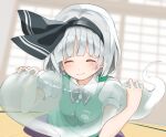  1girl 258n absurdres black_bow black_hairband black_neckwear black_ribbon bob_cut bow bowtie breasts closed_eyes closed_mouth collared_shirt cuddling green_skirt green_vest hair_ribbon hairband highres hitodama indoors konpaku_youmu konpaku_youmu_(ghost) pantyhose ribbon shirt short_hair short_sleeves silver_hair skirt small_breasts smile solo touhou vest white_shirt 