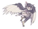  1girl animal_feet bangs bird_legs bird_tail breasts commentary_request eyebrows_visible_through_hair facial_mark feather_hair feathered_wings feathers grey_feathers grey_hair hair_between_eyes harpy monster_girl multicolored_hair original pixel_art red_eyes short_hair simple_background small_breasts solo tail tail_feathers takasha_(d3737937) talons two-tone_hair two-tone_wings white_background white_feathers white_hair white_wings winged_arms wings 
