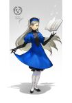  1girl absurdres blue_dress blue_hairband book btmr_game butterfly_hair_ornament dress grey_hair hair_ornament hairband highres lavenza_(persona_5) long_hair pantyhose persona persona_5 puffy_short_sleeves puffy_sleeves shadow short_sleeves signature simple_background skirt_hold smile solo sparkle standing velvet_room white_legwear yellow_eyes 