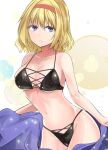  1girl alice_margatroid bangs bikini black_bikini blonde_hair blue_eyes breasts eyebrows_visible_through_hair hairband highres hip_focus holding_blanket large_breasts navel one-hour_drawing_challenge parted_lips patterned_background pink_lips shiny shiny_hair shiny_skin solo sparkle stomach swimsuit thighs touhou white_background y2 