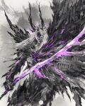  1boy closed_mouth dark_souls_i highres holding holding_sword holding_weapon horns long_hair looking_at_viewer male_focus monochrome purple_theme shimhaq solo souls_(series) sword the_four_kings weapon 
