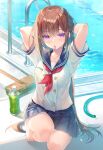  1girl arms_behind_head arms_up bare_legs barefoot blue_skirt bottle breasts brown_hair buttons double-breasted expressionless hair_tie_in_mouth long_hair looking_at_viewer miniskirt miwabe_sakura mouth_hold neckerchief one_knee original pleated_skirt poolside sailor_collar school_uniform serafuku shirt short_sleeves skirt small_breasts solo very_long_hair violet_eyes wet white_shirt 