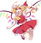  1girl arm_up bangs blonde_hair caramell0501 collar crystal eyebrows_visible_through_hair flandre_scarlet flying hair_between_eyes hand_up hat hat_ribbon highres looking_at_viewer mob_cap multicolored multicolored_wings one-hour_drawing_challenge open_mouth ponytail puffy_short_sleeves puffy_sleeves red_eyes red_footwear red_ribbon red_skirt red_vest ribbon shaded_face shirt shoes short_hair short_sleeves simple_background skirt smile socks solo touhou vest white_background white_collar white_headwear white_legwear white_shirt white_sleeves wings yellow_neckwear 