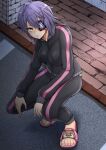  1girl alternate_costume black_jacket black_pants black_track_suit bokukawauso brick_floor commentary_request eyepatch jacket kantai_collection looking_at_viewer pants purple_hair short_hair slippers solo squatting takasugi_heppu tenryuu_(kancolle) track_jacket track_pants track_suit yellow_eyes 