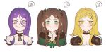  3girls absurdres bare_shoulders blonde_hair braid brown_hair choker collarbone drag-on_dragoon drag-on_dragoon_3 earrings facial_mark five_(drag-on_dragoon) forehead_mark four_(drag-on_dragoon) fur-trimmed_hood fur_trim green_eyes grin highres hood hood_down jewelry long_hair multiple_girls neck_ribbon purple_hair ribbon roman_numeral siblings simple_background single_braid sisters smile smug three_(drag-on_dragoon) two_side_up upper_body violet_eyes white_background yellow_eyes zemzk 