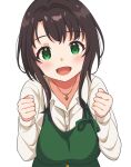  1girl :d apron blush brown_hair copyright_request eyebrows_visible_through_hair green_apron green_eyes inuyama_nanami jewelry long_sleeves looking_at_viewer necklace open_mouth shirt simple_background smile solo white_background white_shirt 