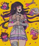  1girl :d apron bandaged_arm bandaged_leg bandages bangs black_hair blood blush bong_(0u0bon) bow character_doll coin commentary_request cowboy_shot dangan_ronpa:_trigger_happy_havoc dangan_ronpa_(series) dangan_ronpa_2:_goodbye_despair enoshima_junko grey_apron hair_ornament holding long_hair lying mioda_ibuki mole mole_under_eye nail_polish nurse on-back open_mouth owari_akane pill pink-blood pink_bow pink_hair pink_shirt pink_skirt pleated_skirt rope saionji_hiyoko scissors shirt short_sleeves simple_background skirt smile solo spoilers tsumiki_mikan upper_teeth yellow_background 