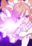  1girl absurdres artist_name asuna_(sao) breasts brown_hair downblouse from_above garter_straps glowing highres looking_at_viewer open_mouth ranhana_(bio392) red_eyes solo sword_art_online tearing_up teeth thigh-highs twitter_username 
