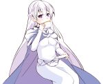  1girl absurdly_long_hair belly_chain blue_dress cloak commission commissioner_upload dress drinking expressionless fire_emblem fire_emblem:_the_binding_blade highres jewelry long_hair looking_at_viewer marianne_hanako purple_cloak purple_hair sitting skeb_commission solo sophia_(fire_emblem) tea teapot transparent_background very_long_hair violet_eyes 