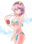  1girl aqua_bikini aqua_nails bikini cowboy_shot floral_background gradient_hair hairband hand_on_own_arm heart highres komeiji_satori looking_at_viewer multicolored_hair no_pupils one-hour_drawing_challenge pink_hair purple_hair red_eyes shiny shiny_hair shiny_skin short_hair solo string_bikini swimsuit thighs third_eye touhou violet_eyes white_background y2 