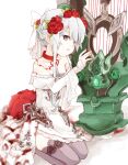  1girl armor armored_dress blood bloody_clothes bow choker dress flower grey_eyes grey_legwear hair_bow hair_bun harp instrument ishikoro1645 kneeling looking_at_viewer off_shoulder parted_lips red_flower red_rose rose sidelocks sinoalice snow_white_(sinoalice) solo thigh-highs white_dress zettai_ryouiki 