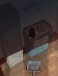  1boy 2others absurdres avogado6 black_pants brown_hair bullying commentary_request crying from_above highres in_container locker multiple_others original out_of_frame pants shadow solo tears translation_request trash trash_can 