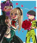  1girl 2boys :d ahoge bangs black_bow black_coat black_hair black_headwear black_legwear blue_background blue_eyes blush border bouquet bow bracelet braid carrying coat dangan_ronpa_(series) dangan_ronpa_2:_goodbye_despair dress fang feet_out_of_frame flower green_dress grey_hair hair_bow hamster happy hat heart heterochromia holding holding_another holding_bouquet jewelry long_hair multicolored_hair multiple_boys open_mouth pink_bow pink_hair pleated_dress ponytail princess_carry puffy_short_sleeves puffy_sleeves red_bow rose short_hair short_sleeves side_braid smile sonia_nevermind souda_kazuichi sun-d suurin_(ksyaro) tanaka_gandamu thigh-highs white_border yellow_jumpsuit 