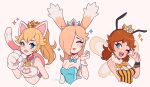  3girls ;d ^_^ absurdres animal_ears antennae artist_name bangs bare_shoulders bee_costume bell blonde_hair blue_eyes blue_leotard blue_neckwear blush bow bowtie bra breasts brown_hair cat_cutout cat_ears cat_lingerie cat_tail cleavage_cutout closed_eyes clothing_cutout commentary cremanata cropped_torso crown detached_collar english_commentary eyebrows_visible_through_hair facing_viewer freckles fur_collar gloves hair_over_one_eye highres insect_wings jingle_bell kemonomimi_mode leotard lipstick long_hair looking_at_viewer makeup super_mario_bros. medium_breasts meme_attire multiple_girls neck_bell one_eye_closed open_mouth parted_lips paw_gloves paws playboy_bunny ponytail princess_daisy princess_peach rabbit_ears rosalina simple_background smile sparkle striped tail underwear upper_body v v_over_eye vertical_stripes white_background white_bra wings wrist_cuffs yellow_neckwear 