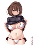  1girl bangs bare_arms bikini black_sweater breasts breasts_apart brown_eyes brown_hair clothes_lift cropped_legs ebifurya eyebrows_visible_through_hair groin highres ise_(kancolle) kantai_collection lifted_by_self looking_at_viewer medium_breasts navel open_mouth parted_lips shirt_lift short_hair short_sleeves side-tie_bikini simple_background solo sweater swimsuit turtleneck twitter_username white_background 