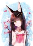  1girl animal_ears azur_lane bangs black_hair blunt_bangs cherry_blossoms collarbone commentary_request eyebrows_visible_through_hair eyes_visible_through_hair fox_ears head_tilt jewelry long_hair looking_at_viewer m_ko_(maxft2) nagato_(azur_lane) nagato_(great_fox&#039;s_sleepwear)_(azur_lane) necklace parted_lips paw_pose paw_print see-through sidelocks solo spaghetti_strap yellow_eyes 
