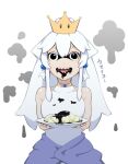  1girl :d bare_arms bare_shoulders black_eyes character_request cowboy_shot crown dyun earrings holding ink jewelry looking_at_viewer super_mario_bros. mini_crown open_mouth sharp_teeth smile solo splatoon_(series) super_crown teeth upper_teeth white_hair wide-eyed 