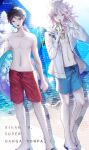  2boys ahoge anniversary bangs beach blue_male_swimwear brown_eyes brown_hair character_print collarbone commentary_request copyright_name cup dangan_ronpa_(series) dangan_ronpa_2:_goodbye_despair dangan_ronpa_s:_ultimate_summer_camp grey_jacket hands_up highres hinata_hajime holding holding_cup hood hood_down hooded_jacket innertube jacket komaeda_nagito long_sleeves looking_at_viewer male_swimwear monomi_(dangan_ronpa) multiple_boys navel official_alternate_costume open_clothes open_jacket outdoors pale_skin palm_tree red_male_swimwear short_hair sun sunlight tree white_jacket z-epto_(chat-noir86) 