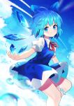  1girl absurdres bangs blue_bow blue_dress blue_eyes blue_hair blue_sky bow cirno closed_mouth clouds collared_shirt dress eyebrows_visible_through_hair hair_bow highres ice ice_wings looking_at_viewer neck_ribbon outdoors pinafore_dress puffy_short_sleeves puffy_sleeves red_neckwear red_ribbon ribbon shirt short_hair short_sleeves sky smile solo touhou water white_shirt wings yuujin_(yuzinn333) 
