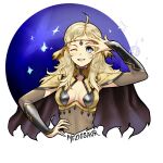  1girl ahoge arm_up bangs blonde_hair bodystocking breasts cape circlet colorfag fire_emblem fire_emblem_fates grey_eyes hand_on_hip hand_on_own_face long_hair looking_at_viewer medium_breasts midriff moize_opel one_eye_closed ophelia_(fire_emblem) smile teeth turtleneck upper_body 