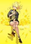  1girl blonde_hair candy commentary_request crossed_legs demizu_posuka earrings food jacket jewelry orange_eyes original pointy_ears shirt short_hair short_sleeves shorts signature solo star_(symbol) star_earrings striped striped_shirt yellow_background yellow_footwear yellow_shirt yellow_theme 