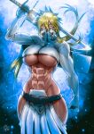  1girl abs arrancar artist_name bleach blonde_hair blue_background breasts clenched_hand covered_mouth dark-skinned_female dark_skin espada green_eyes highres holding holding_sword holding_weapon large_breasts midriff muscular muscular_female sheath side_slit signature solo sword the_golden_smurf tier_harribel under_boob weapon 