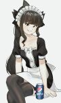  1girl apron artemis_of_the_blue atelier_live bangs black_hair black_legwear blunt_bangs clenched_teeth grin kumaartsu maid maid_apron maid_headdress ponytail puffy_short_sleeves puffy_sleeves shark_fin shark_girl sharp_teeth short_sleeves sidelocks smile solo teeth virtual_youtuber 