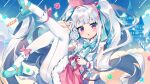  1girl arcaea arm_up bangs blush candy castle character_request chestnut_mouth commentary_request eyebrows_visible_through_hair food fur-trimmed_skirt fur_trim hair_bobbles hair_ornament hairband hairclip holding holding_food knee_up leg_up lollipop long_hair looking_at_viewer pantyhose parted_lips pink_hairband pink_skirt shirt silver_hair skirt sleeveless sleeveless_shirt solo swirl_lollipop thighband_pantyhose twintails very_long_hair violet_eyes wagashi928 white_legwear white_shirt x_hair_ornament 