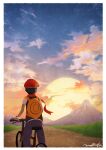  1boy backpack bag bicycle border clouds commentary_request from_behind grass ground_vehicle hat holding lucas_(pokemon) machida_(m_chotto) male_focus mountain outdoors pants path pokemon pokemon_(game) pokemon_dppt red_headwear red_scarf riding_bicycle scarf short_sleeves signature sitting sky solo sunset white_border yellow_bag 